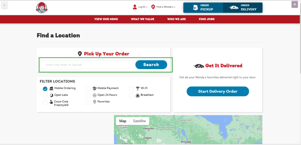 Wendy's location search bar 